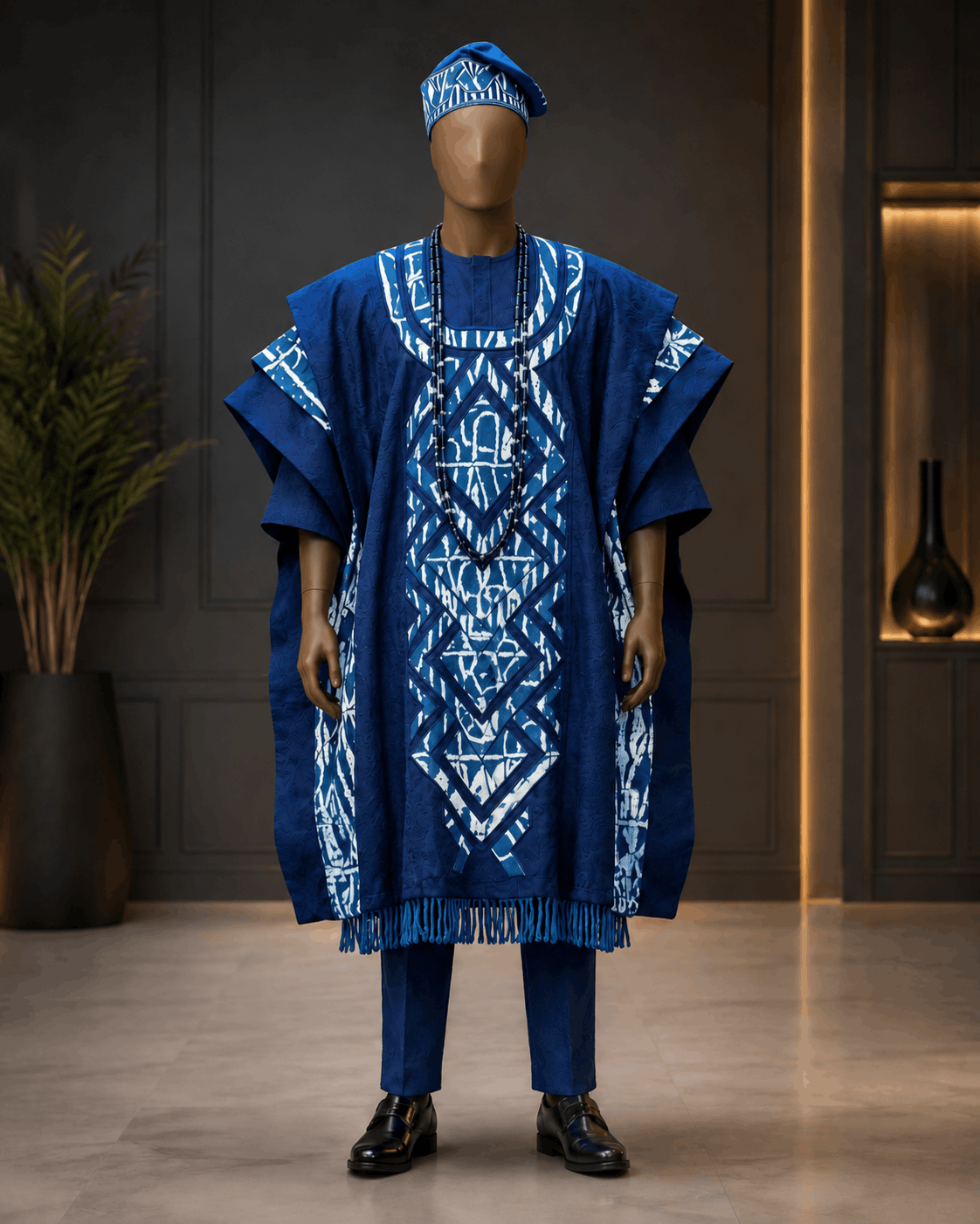 Grand Boubou Homme Bleu Royal – Tenue Cérémonie Prestige à Motifs Géométriques