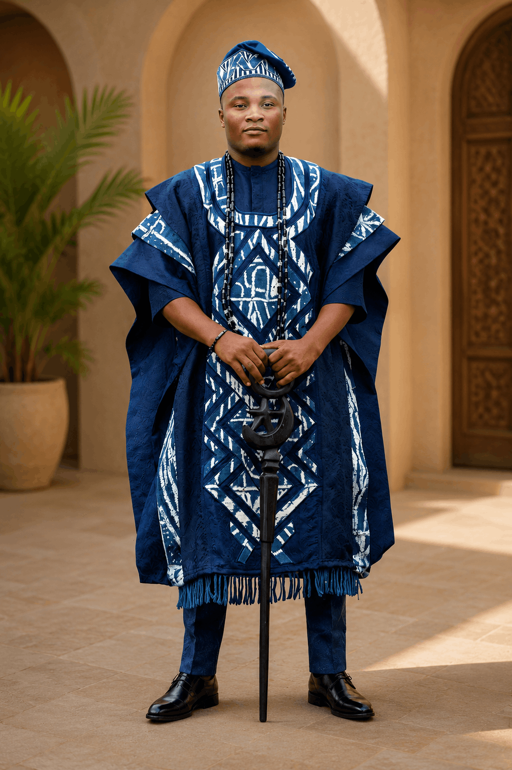 Grand Boubou Homme Bleu Royal – Tenue Cérémonie Prestige à Motifs Géométriques - Image 3