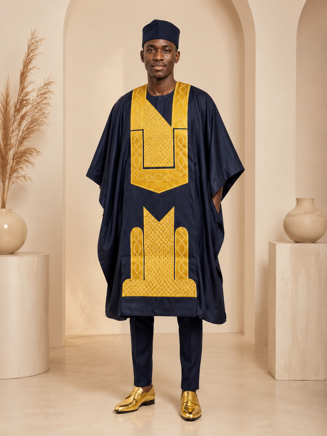 Tenue Cérémonie Homme Bleu Nuit & Or – Grand Boubou Prestige - Image 2