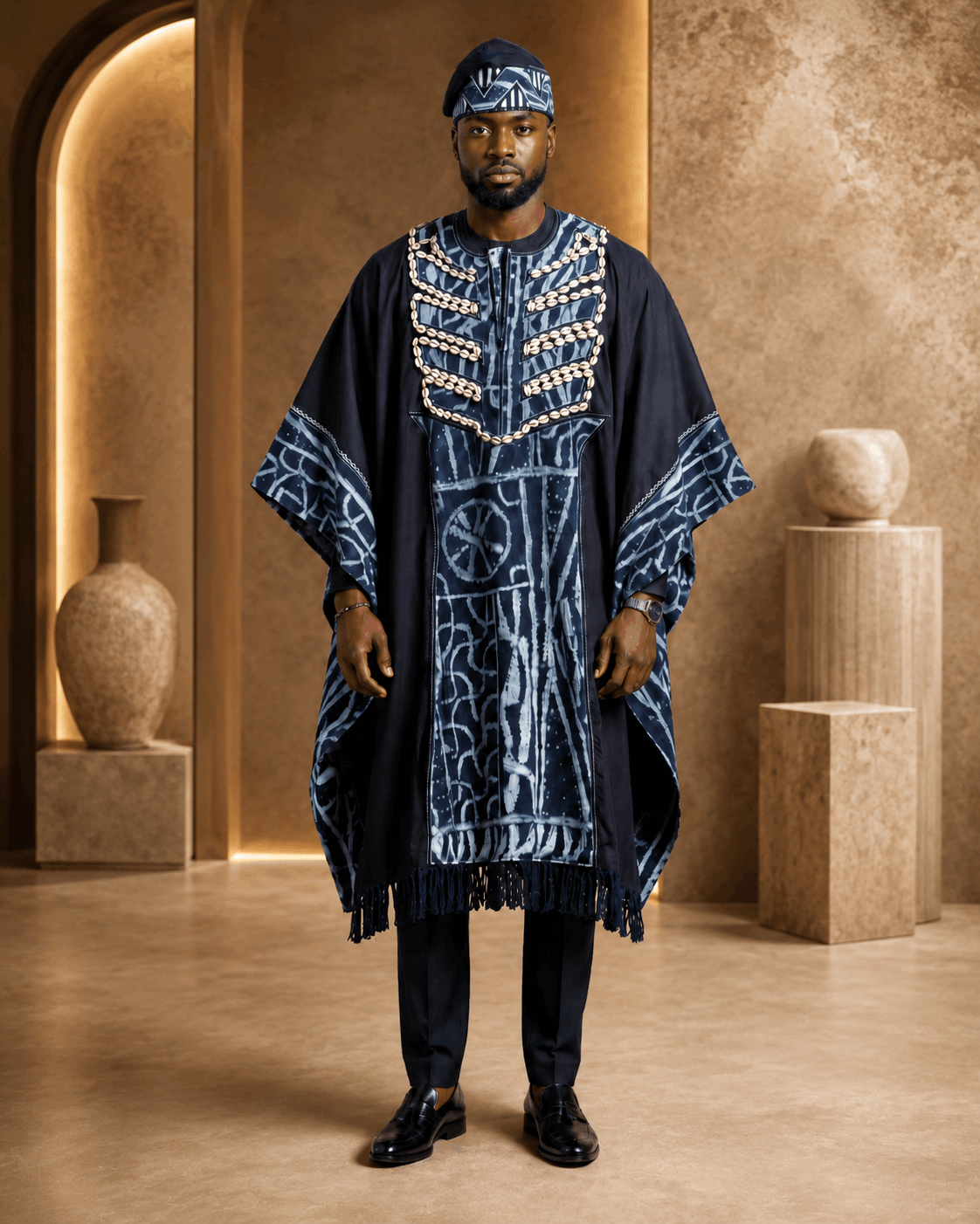 Tenue Cérémonie Homme Bleu Nuit – Boubou Prestige aux Cauris - Image 4