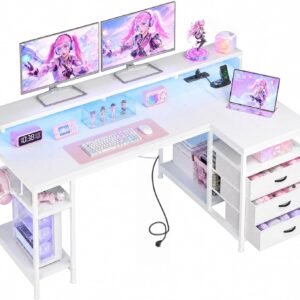140x80cm Forme L Bureau Gaming avec LED pour Gaming,Homeoffice,Blanc