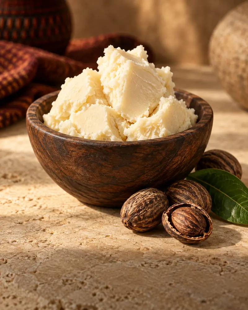 Natural shea butter in a carved wooden bowl