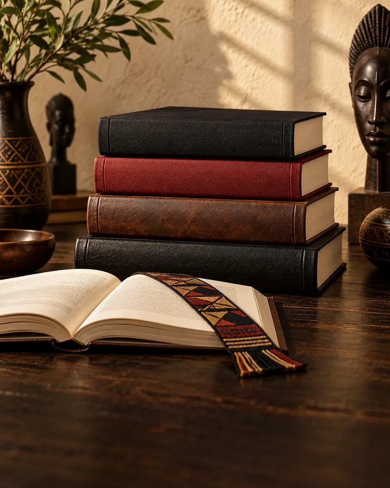 Books and African-pattern bookmark in a warm library setting