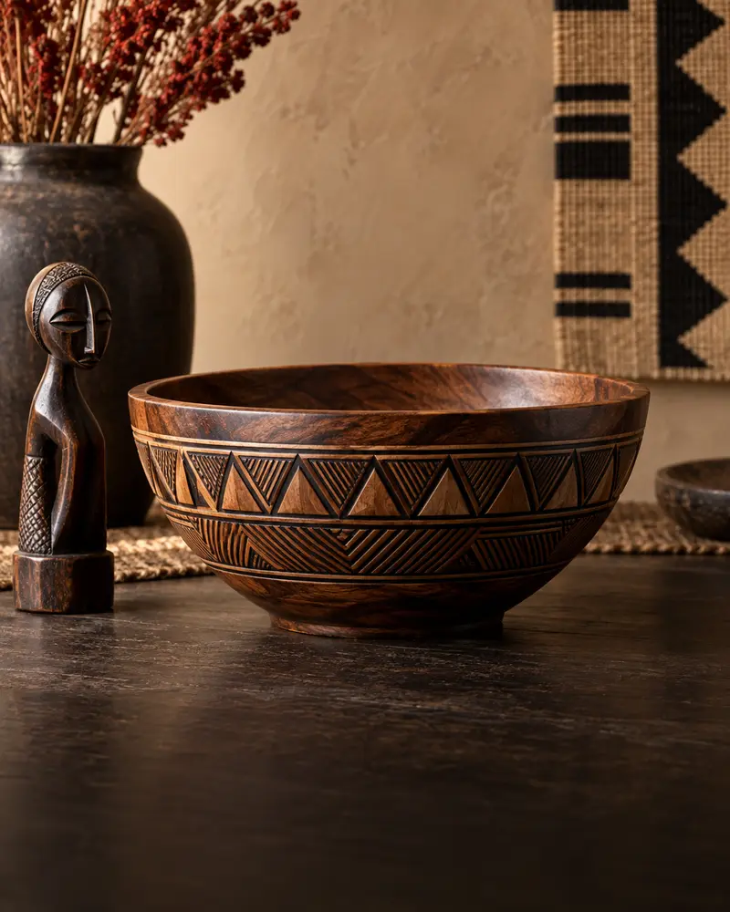 Carved wooden bowl and African-inspired home decor